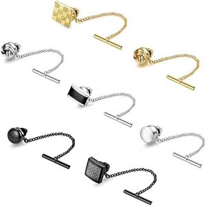 FUNRUN JEWELRY 7Pcs Tie Tacks for Men Tie Pins with Chain Black Gold Silver Tone Tie Tack Clutch for Wedding Birthday Anniversary Business Jewelry