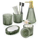 Glass Bathroom Accessories Set,5Pcs Vintage Bathroom Accessory Set, Bathroom Counter Sink Toothbrush Holder Set Includes Hand/Lotion Soap Dispenser & 2 Tumbler & Soap Dish & Qtip Holders (Green)