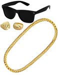 Mega_Jumble® Rapper Gangster Big Daddy DMC chav 80's 90's Hip Hop Black Sunglasses, Gold Metal Chain, 2x Sovereign Rings. Fancy Dress 4 Piece Set