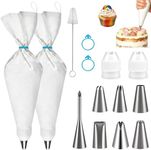 14-Piece Reusable Piping Bags and Tips Set- Cotton Baking Kit with Coupler, Stainless Steel Nozzles,Silicone Cable Ties& Cleaner for Cakes/Cupcakes/Cookies Decorating