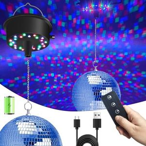 Disco Ball with Motor and Light, Palujorty 5-9 RPM 24 LED Motor with Remote and Lights and 6'' Mirror Ball (USB/Battery Powered)
