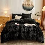 Fluffy Black Shaggy Plush Comforter Cover Set,Ultra Soft Faux Fur Duvet Cover Bedding Sets Queen 3 Pieces with Pillow Cases, Black Bed Set Zipper Closure (Black, Queen)