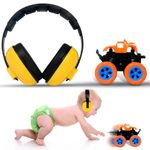 RATURISH Noise Cancelling Earmuffs For Kids with FREE Monster Truck Toy | Baby Hearing Protection | Comfortable Ear Muffs for Kids Ages 0-3 | Adjustable | Safe Soundproof Headphone For Babies(Yellow)