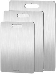 Juego de 3 tablas de cortar de titanio – Juego de tablas de cortar de acero inoxidable para cocina, tablas grandes de cortar de carne para colgar en el hogar, cocina, cocinar al aire libre