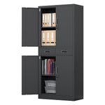 JINGUR Metal Storage Cupboard with Locking Doors and 2 Drawers, Lockable Steel Storage Cabinets with Adjustable Shelves for Home Office Garage Kitchen Pantry (Black)