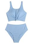 ZAFUL Women's High Waisted Tankini Scoop Neck Knotted Two Pieces Tankini Set Swimsuit, 2-light Blue, Medium