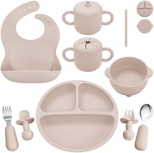 Bufims Silicone Baby Feeding Set, Baby Led Weaning Supplies, Eating Essentials Utensils with Suction Plate and Bowl, Pocket Bib, Sippy Cup with Lid, Forks Spoons Snack Container, for 6+ Months, Beige