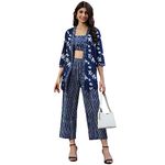 DEEBACO Women's Indigo Print Cotton Relaxed Fit Bustier, Shrug & Pants Set for Women|Top & Elasticated Waist Pants Western Casual Wear Girls Cord Set Outfit for Ladies (DBCO00000823_XXL_Navy Blue)