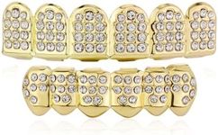 JINAO Diamond Grills for Your Teeth 14K Gold Plated Iced Out Mouth Teeth Grillz Top Bottom Tooth Caps Hip Hop Bling New Gold Silver Grill for Men Women Costume Jewelry