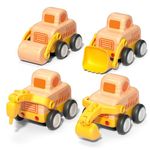 Wooden Toddler Car Toys for 18m+, Friction Powered Construction Truck - Excavator, Bulldozer, Road Roller, Drill Rig, Push and Go Vehicle, Christmas Birthday Gift for 2 3 Years Old Kids, Boys and Girl