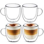 Cappuccino Glass Mugs, Set of 4 Double Walled Espresso Mug Cups Glass Mug Set, Insulated Drinking Glass Coffee Cups with Handle, Clear Glass Mugs for Latte, Cappuccino, Tea Bag, Juice (250ml /8.45oz)