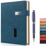 A5 Lined Leather Journal with Pen, 240 Pages Refillable Hardcover Notebook with Pocket and Magnetic Buckle, 80gsm Thick Daily Diary for Men and Women, Great Gift for Business School Travel Personal - Navy Blue