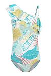 Girls One Piece Swimsuits Hawaiian Ruffle Swimwear Beach Bathing Suit, Green Floral, 13-14 Years