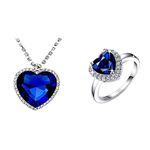 Yellow Chimes The Blue Ocean Heart Austrian Crystal Pendant with Studded Chain for Girlsby and Royal Blue 'Queen Heart' Austrian Crystal Lovers Ring for Women