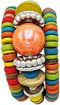 Rosemarie & Jubalee Women's Bohemian Chic Flexible Memory Wire Colorful Wrap Glass Bauble And Wood Bead Bracelet, Metal Wood Glass, wood