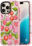 Rosarnnah Compatible for iPhone 16 Pro Case Cute - Durable Shockproof 6.6 ft Drop Impact Phone Case - Glitter Pink Funny Plaid Cherry Design for iPhone 16 Pro 6.3"