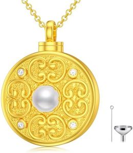 SOULMEET Plated Gold Auspicious Cloud Cremation Jewelry for Ashes, Round Shape AAA+ Freshwater Cultured Pearl Locket Necklace for Ashes to Keep Beloved Ones Keepsake Gift