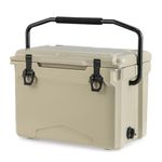 COSTWAY 25QT/30QT/50QT Rotomolded Enhanced Ice Cooler Box, Portable Ice Retention Boxes with Cup Holders and Bottle Opener, Insulated Ice Chest, 5-7-day Ice Retention (23L, with Nylon Handle, Tan)