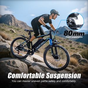 TWOFISH Electric Mountain Bike for Adults, 250W Motor, 36V 15Ah Battery, 100KM Range, 7-Speed, LED Display, Disc Brakes – Black-Red