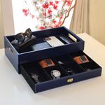 CasaGold Leather Storage Tray for Office Hotel or Home, A Serving Tray with Drawer and Storage Space for Tea Bags/Coffee/Cosmetics/Jwellery/Mobile - Navy Blue