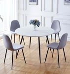 Hallowood Furniture Cullompton Large Round Table and Chair Set 4, White Marble Effect Dining Table (120cm) and Grey Fabric Chairs, Kitchen Table, Dining Table Set for Home and Cafe