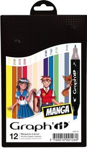 GRAPH’IT Marker Set de 12 marqueurs à alcool double pointe pour dessin de manga et illustration, pointe fine et biseautée - Set Manga