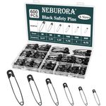 NEBURORA 600Pcs Black Safety Pin Assorted Size Safety Pin Small and Large Safety Pins for Clothes Home School Office Sewing Craft and Arts Pinning