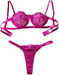 Lilosy Sexy Eyelash Underwire Floral Lace Sheer Lingerie Set Women See Through Linked Panty Bra 2 Piece, Hot Pink #2, Medium
