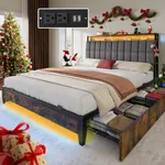 YITAHOME Full Size Bed Frame with RGB LED Lights and 4 Drawers, Upholstered Platform Bed with Charging Station and Storage Headboard, No Box Spring Needed, Noise-Free, Fast Assembly, Rustic Brown