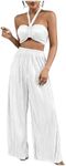 OYOANGLE Women's 2 Piece Outfits Elegant Sleeveless Tie Backless Halter Crop Top and Elastic Waist Wide Leg Pants Set White X-Small