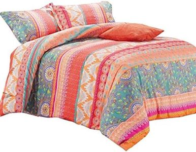 Wake In Cloud - Bohemian Quilt Cover Set, Orange Coral Boho Chic Mandala Pattern Printed, Soft Microfibre Doona Cover Bedding with Zipper Closure (3pcs, Queen Size)