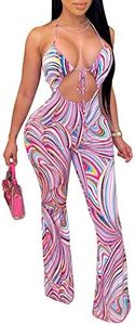 Remelon Womens Spaghetti Strap Halter Wave Striped Print Cut Out Bodycon Bell Flare Pants Club Party One Piece Jumpsuits Rompers Multi XL