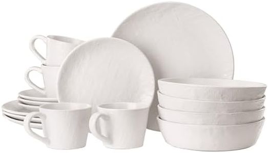 Navaris Servizio Piatti 4 Persone con 4 Tazze - Set 12 Piatti Moderni Colorati Particolari - Accessori Cucina Stile Moderno - Servizi Tavola in Ceramica - Gres Bianco Effetto Lino