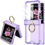 PUROOM for Samsung Galaxy Z Flip 6 Clear Case Luxury Hinge Protection with Ring Holder & Screen Protector Soft All-Inclusive Shockproof Cover (Purple)