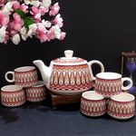 AAV World Handprinted Royal Carpet Design Ceramic Tea Morning Set - 6 Tea Cups & 1 Tea Pot Kettle - Premium 7-Piece Collection