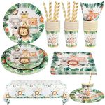 Party Plates Cups and Napkins, 101Pcs Safari Jungle Theme Party Decorations Set for Boys Wild One Birthday Party Supplies - Disposable Green Paper Plates Cups Napkins Straws Tableware, 20 Guests