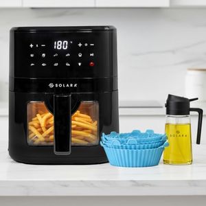 SOLARA Air Fryer 4.5 Litres with 500ml 2-in-1 Glass Oil Sprayer & Pack of 6 Reusable Silicone Basket Liners Combo Pack, 10 Preset menus, BPA-Free Kitchen and Air Fryer Accessories