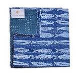 Yuvancrafts Indian Cotton Handmade Kantha Quilt Hand Block Fish Print Queen Quilt Blanket Bedspreads Thro (Twin 90 X 60 In)