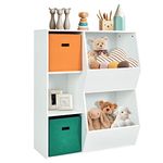 GYMAX Kids Storage Cabinet, 5 Cubbies Children Toy Organizer with 2 Large Baskets, Wooden Toddler Storage Shelf for Playroom Nursery Child’s Room (White, ‎35x77x93cm)