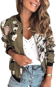 ECOWISH Women's Casual Floral Zip Up Inspired Bomber Jacket Leopard Coat Stand Collar Lightweight Short Outwear Tops 333 Army Green Medium