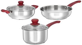 Amazon Brand - Solimo Stainless Steel Heavy Bottom 3 Piece Cookware Set|Three Layer Impact Forged Bottom for Durability|Premium Look with Soft Touch Handles and Knob, 2200 Milliliter, Silver