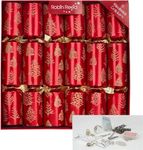 Robin Reed Tree Flakes Red Christmas Crackers, Handmade Holiday Party Favors with Gold Trees, Traditional Gifts and Jokes, 12 Pack