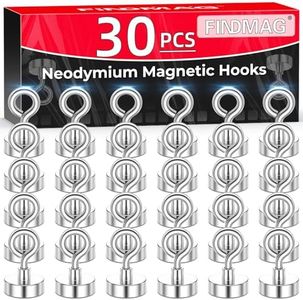 FINDMAG Magnetic Hooks, N52 Grade Magnets Heavy Duty with Hook, Sheep Eye Magnetic Hooks for Cruise, Locker Accessories, Office, School (28 lbs, Pack of 30)