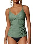 CORTUBO Tankini Swimsuits for Women Tummy Control V Neck Bathing Suits Twist Front Ruched Two Piece Swimwear Green M