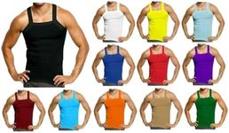 AC BASICS 6 Packs Men's G-Unit Style Cotton Tank Tops Square Cut Muscle Rib A-Shirts Random Assorted Colors, Assorted Colors, Small