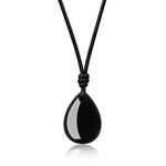 COAI Adjustable Leather Cord Teardrop Black Obsidian Necklace