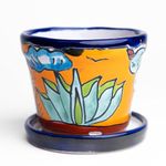 MEXTEQUIL - Talavera Mexican Pottery Planters with Saucer 4" Rancherito - Cactus - Sun Pot Hand Painted Ceramic Plant Pot Planter Indoor Outdoor (Rancherito)