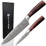 Gourmet Forged ChefDuo Professional 8 inch Chef Knife and 3.5 inch Paring Knife 2 Piece Set Ultra Sharp High Carbon German Steel with Damascus Pattern Ergonomic Pakkawood Handles Gift Box