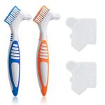 2 Pack Denture Brushes with Covers, Denture Cleaning Brushes Double Sided Denture Toothbrush, Rubber Anti-Slip Handle, Denture Care False Teeth Cleaner Tool (Blue&Orange)