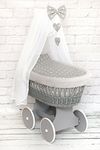 Wicker Baby Moses Basket Stand on Wheels Bassinet Crib with Full Bedding Set Liner Cover Canopy and Mattress - Dimple Grey/Small White Stars On Grey